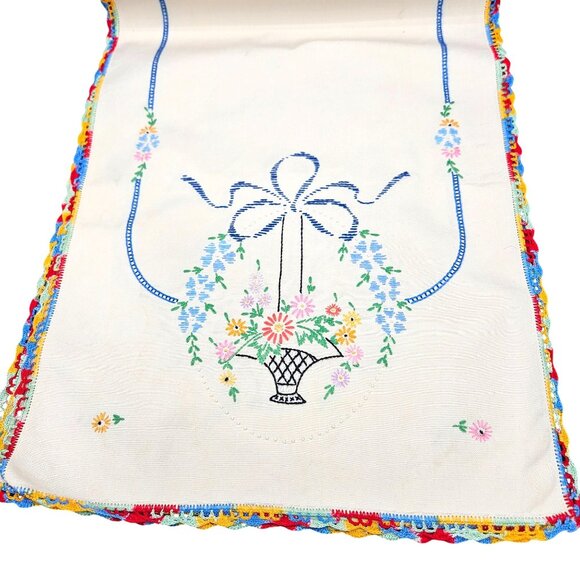 Vintage Hand-Embroidered Linen table runner floral basket design with picot edge - Picture 1 of 9